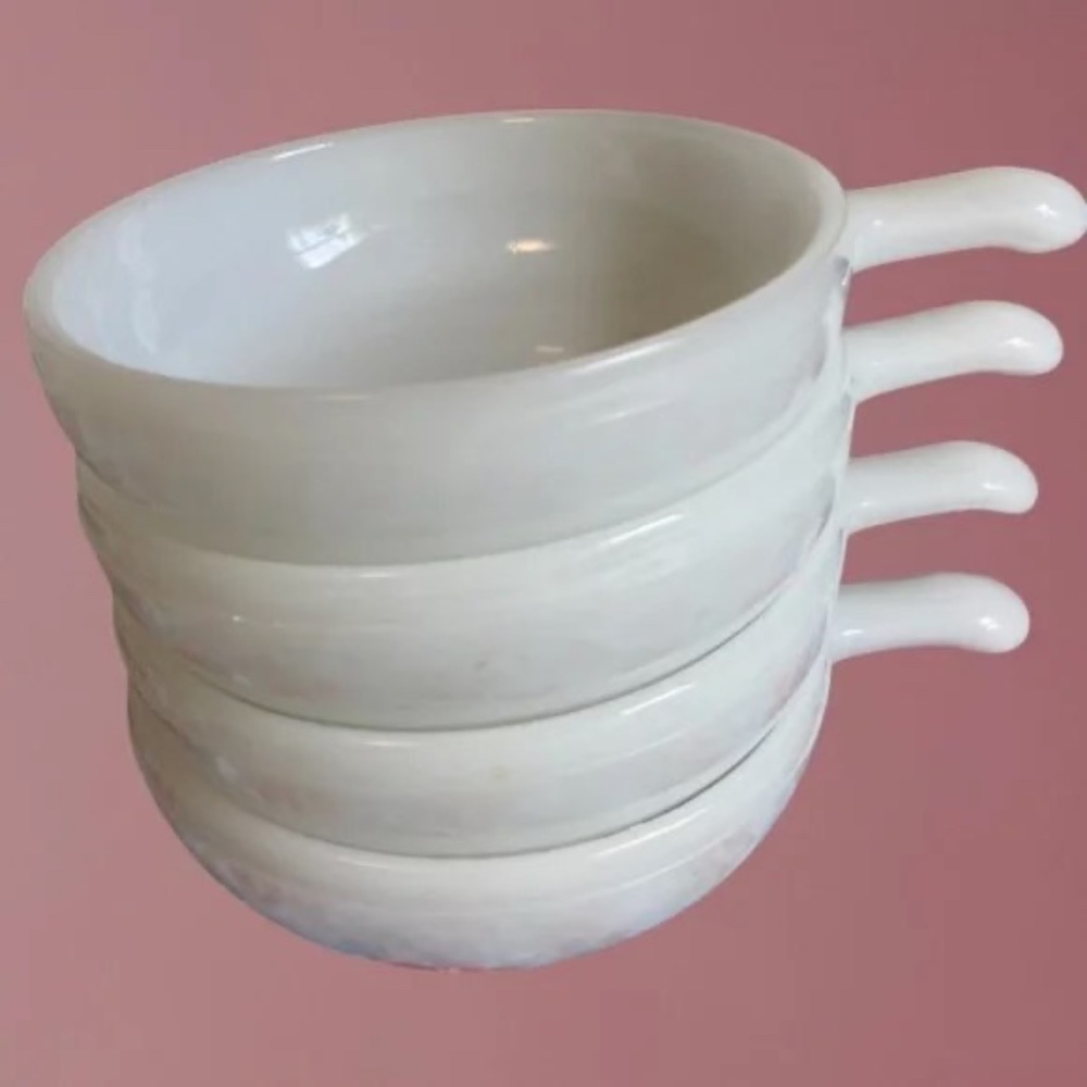 Vintage Glasbake Milk Glass Lug Handle French Onion Soup Chili Bowls Set of 4